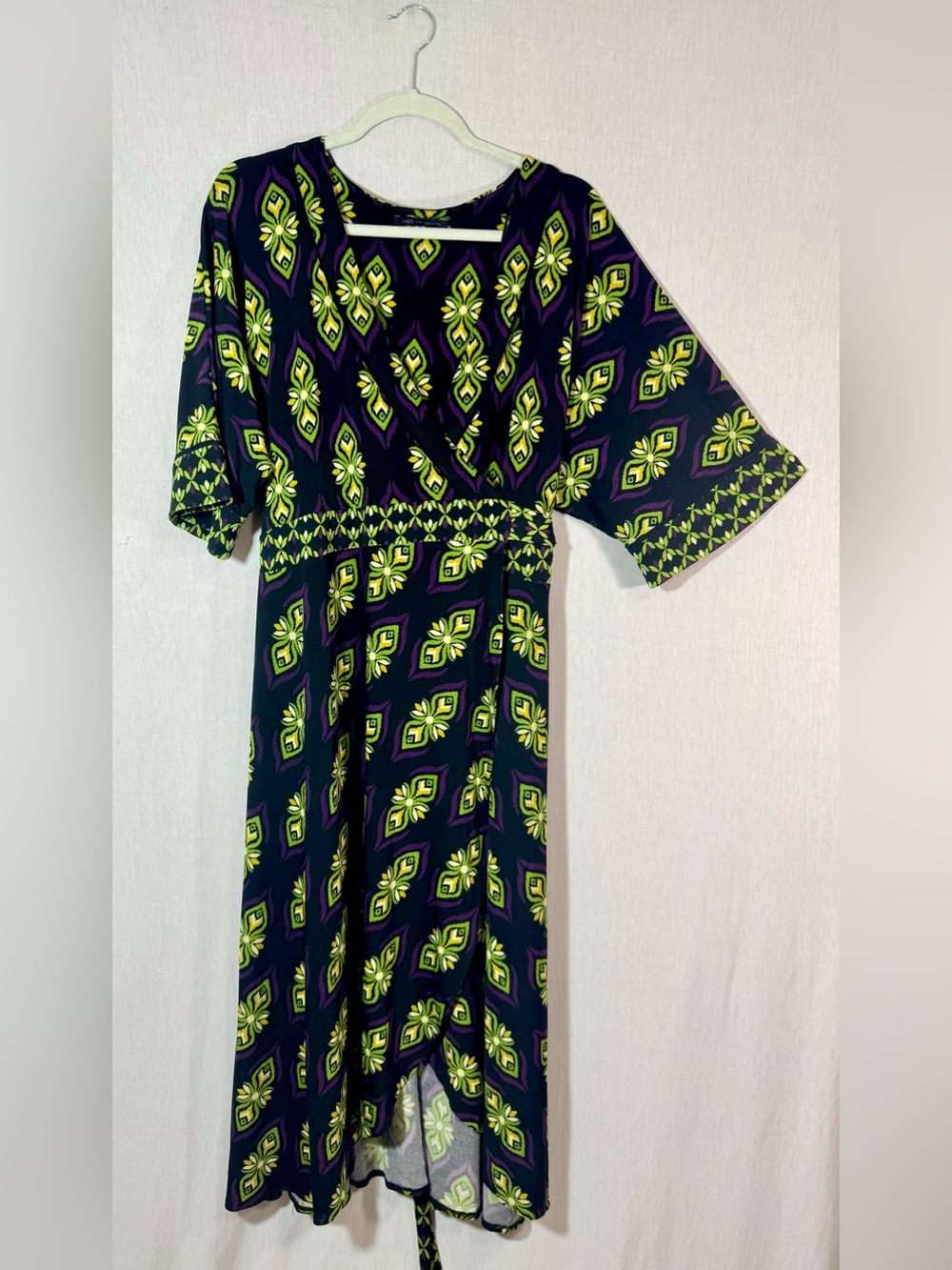M&S size UK 16 whimsy goth like and purple on black striking witchy wrap dress